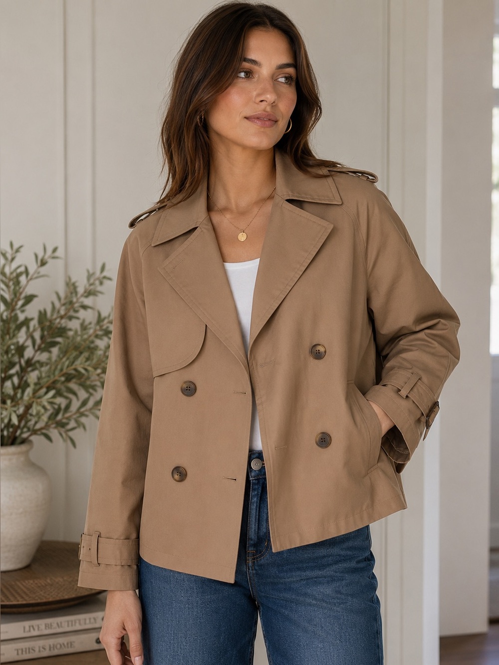 Lands’ End Cropped Trench Jacket | Tan Water Repellent | L XL Quiet Luxury
